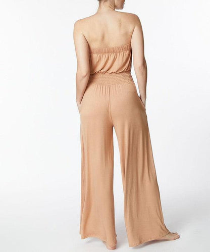 Bamboo Camel Strapless Knit Jumpsuit w/Pockets - ZyraLux