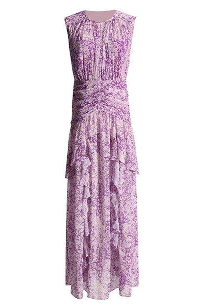 Flo Printed Plisse Ruffle Maxi Dress | Purple | Formal | Polyester - ZyraLux Kleding en accessoires