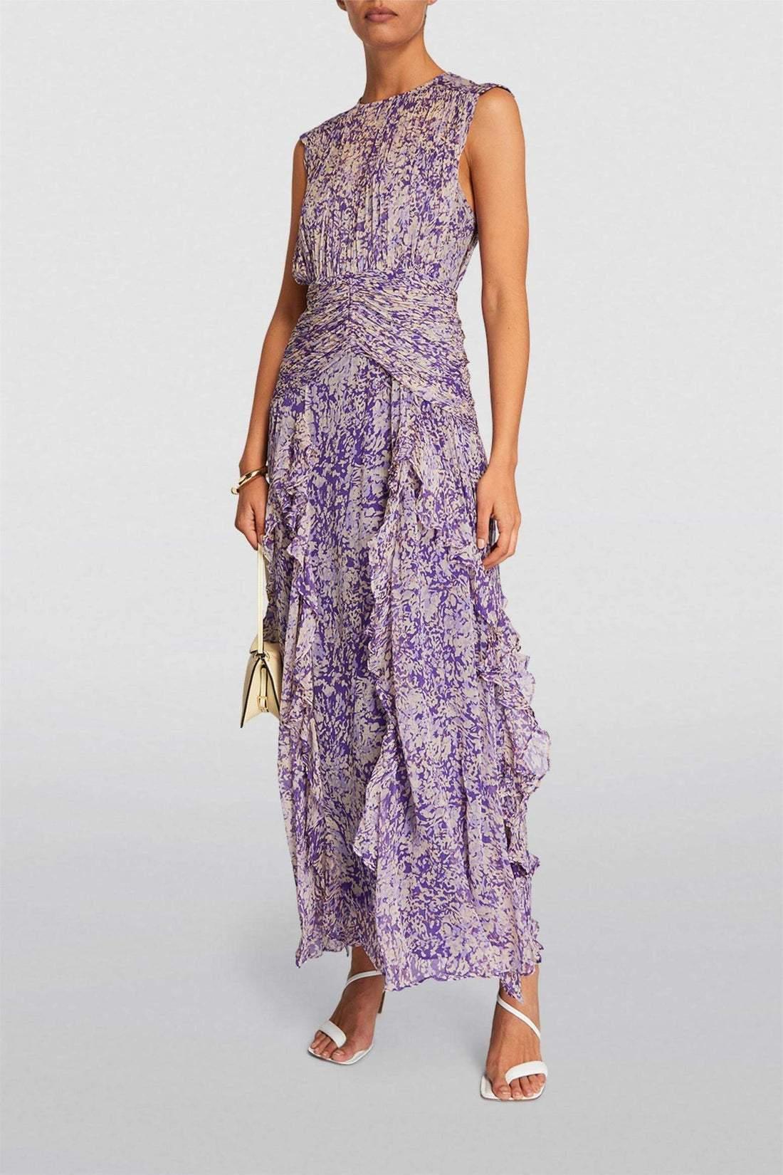 Flo Printed Plisse Ruffle Maxi Dress | Purple | Formal | Polyester - ZyraLux Kleding en accessoires