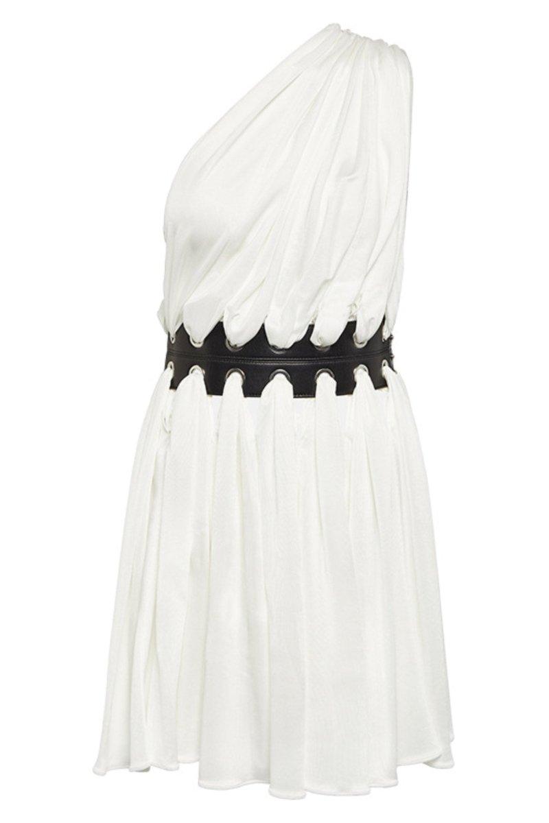 Gemma Belted One-Shoulder Mini Dress | White | Party | Cotton Blend - ZyraLux Kleding en accessoires