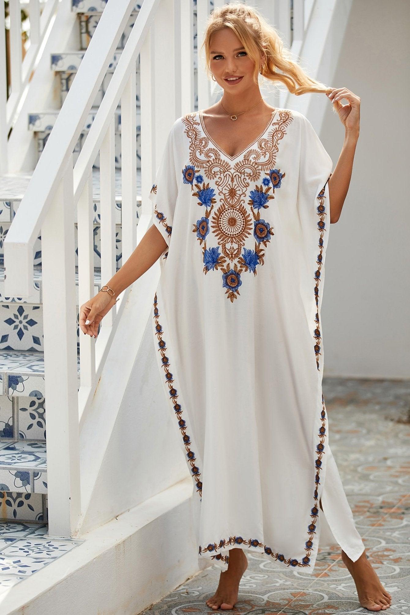 Gene Embroidered Maxi Kaftan | White | Resort | Cotton - ZyraLux Kleding en accessoires