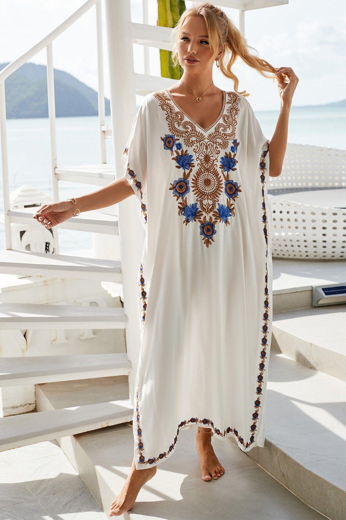 Gene Embroidered Maxi Kaftan | White | Resort | Cotton - ZyraLux Kleding en accessoires