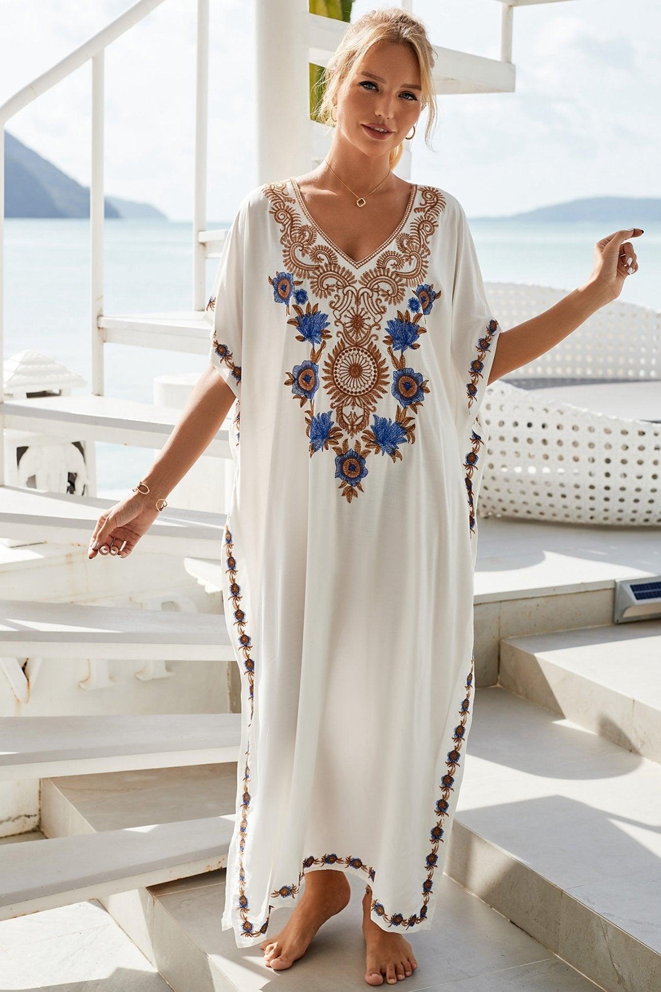 Gene Embroidered Maxi Kaftan | White | Resort | Cotton - ZyraLux Kleding en accessoires