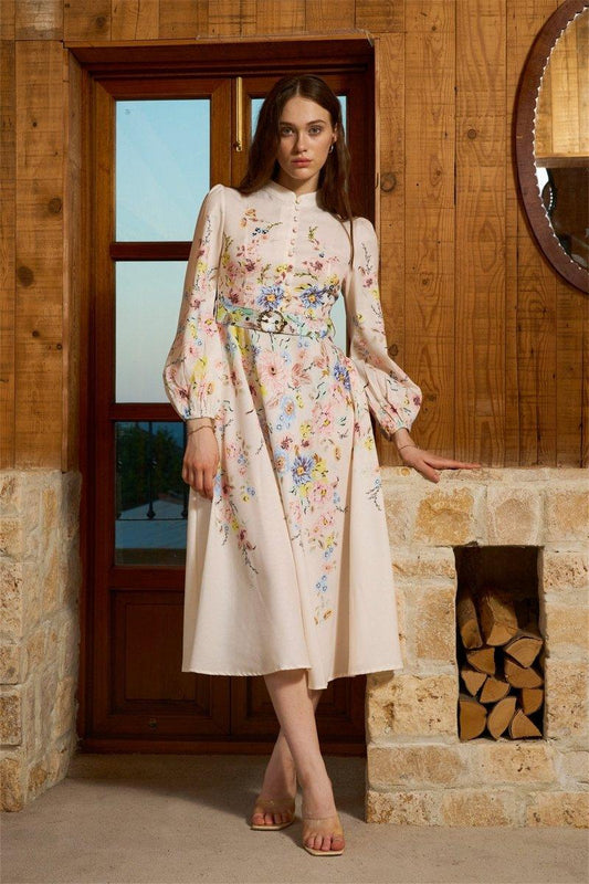 Floral Printed Belted Midi Dress | Ivory | Casual | Cotton - ZyraLux Kleding en accessoires