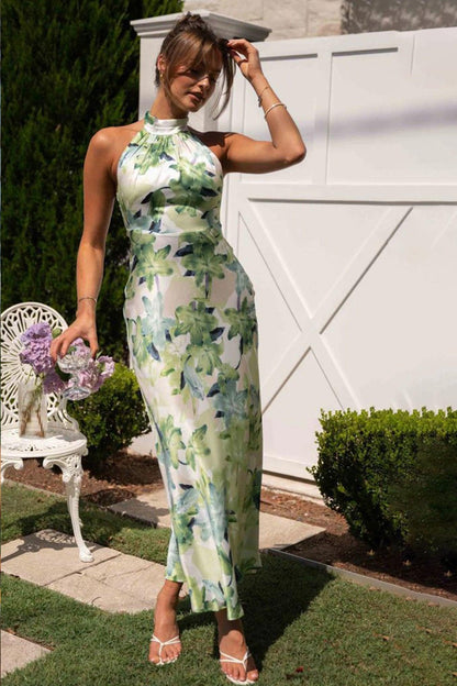 Printed Halterneck Backless Satin Midi Dress | Green | Cocktail Party | Satin - ZyraLux Kleding en accessoires