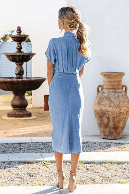 Gina Gathered Knotted Denim Dress | Blue | Casual | Denim - ZyraLux Kleding en accessoires