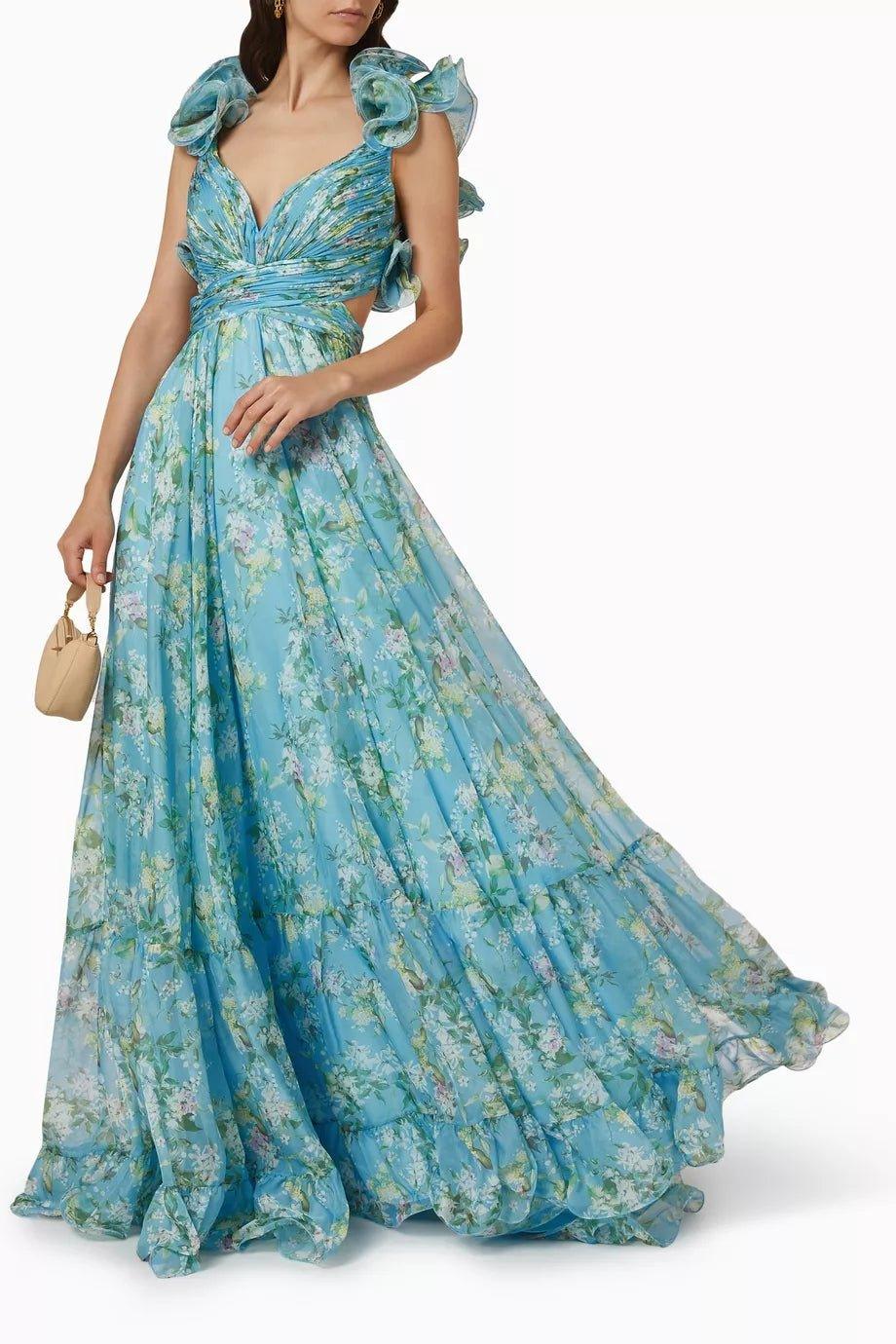 Printed Ruffle Lace-Up Chiffon Maxi Dress | Multicolor | Garden Party | Chiffon - ZyraLux Kleding en accessoires