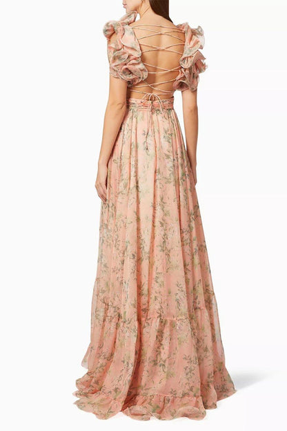 Printed Ruffle Lace-Up Chiffon Maxi Dress | Multicolor | Garden Party | Chiffon - ZyraLux Kleding en accessoires