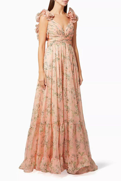 Printed Ruffle Lace-Up Chiffon Maxi Dress | Multicolor | Garden Party | Chiffon - ZyraLux Kleding en accessoires