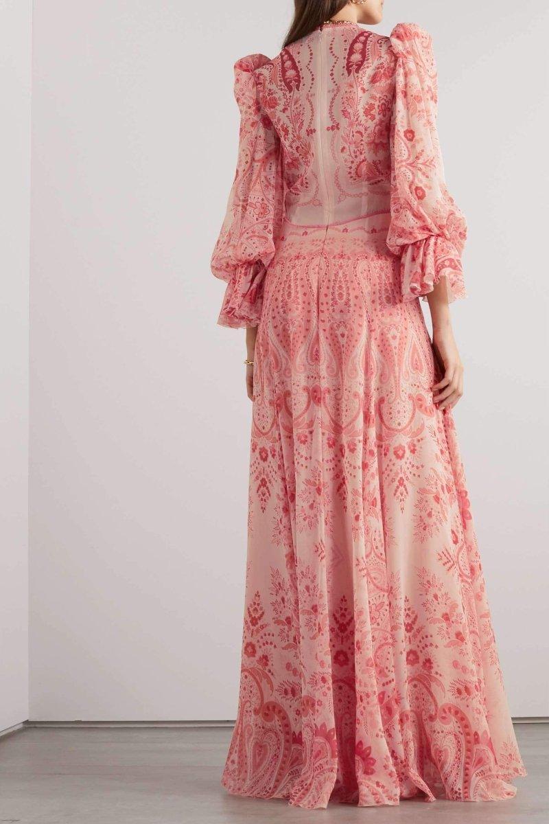 Paisley Printed Ruffled Maxi Dress | Red | Garden Party | Chiffon - ZyraLux Kleding en accessoires