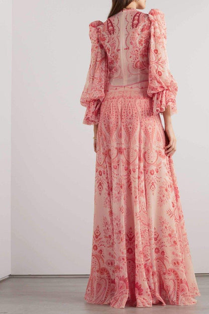 Paisley Printed Ruffled Maxi Dress | Red | Garden Party | Chiffon - ZyraLux Kleding en accessoires