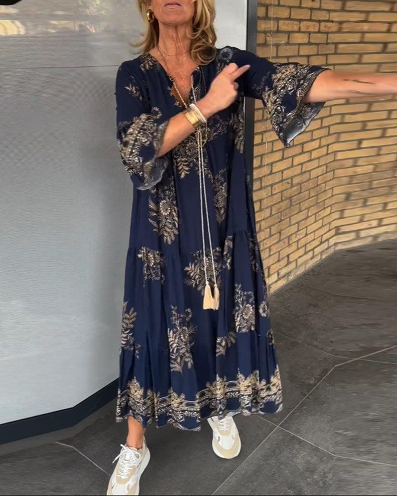 Boho Blossom Maxi Dress | Dark Blue | Casual Wear | Cotton Blend - ZyraLux Kleding en accessoires