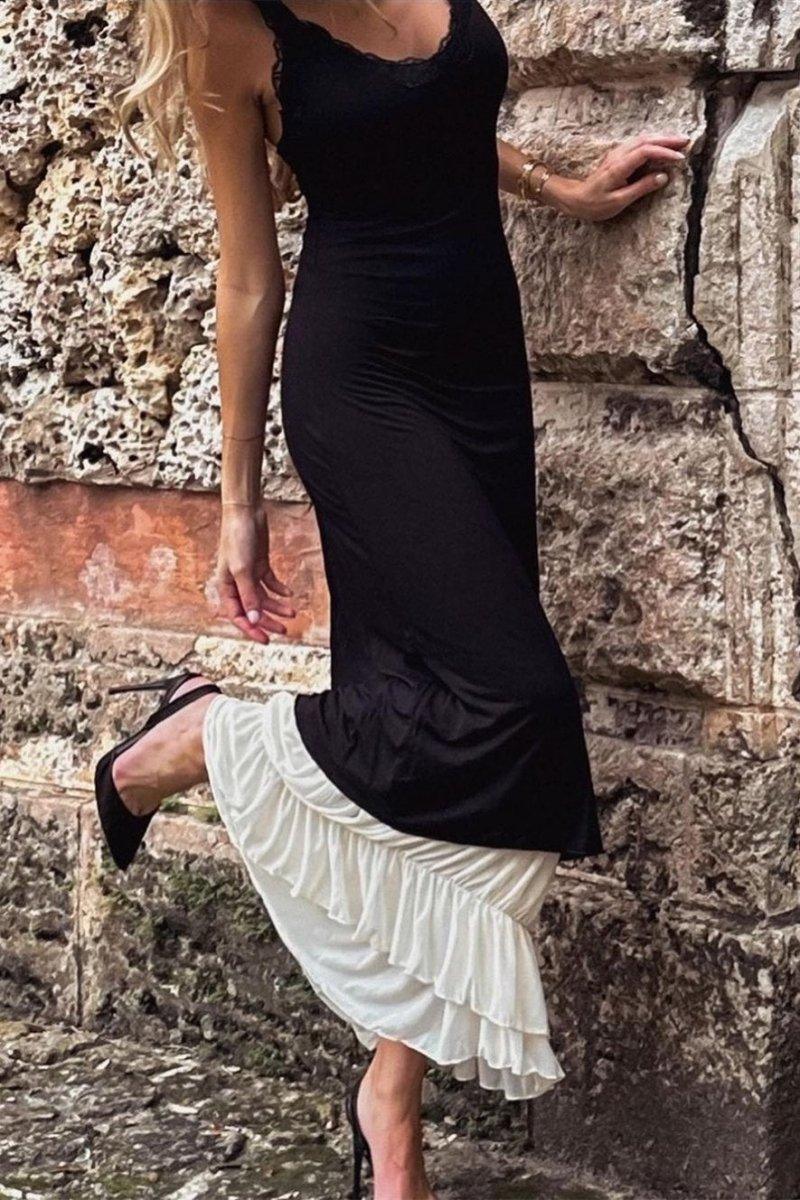 Irene Lace Trim Maxi Dress | Black | Casual | Cotton Blend - ZyraLux Kleding en accessoires