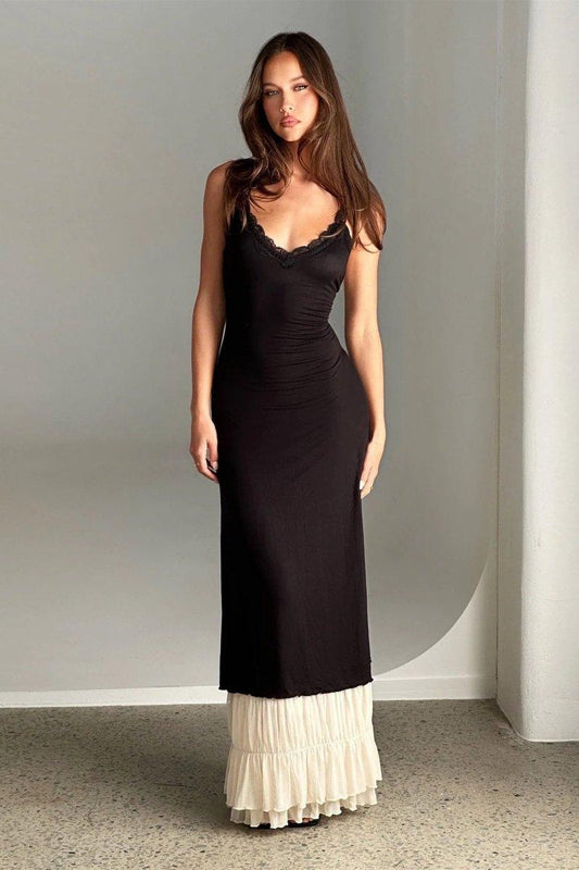 Irene Lace Trim Maxi Dress | Black | Casual | Cotton Blend - ZyraLux Kleding en accessoires