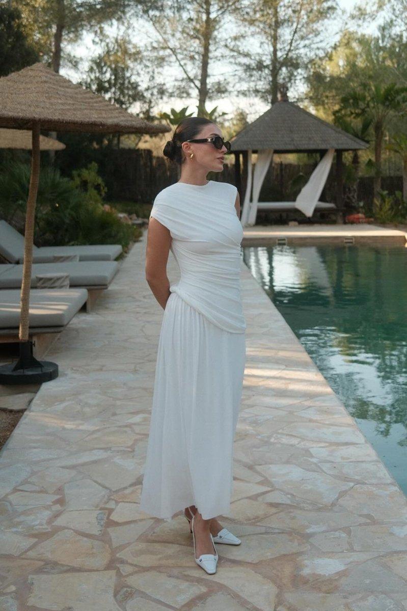 Sleeveless Pleated Maxi Dress | White | Formal Event | Polyester - ZyraLux Kleding en accessoires