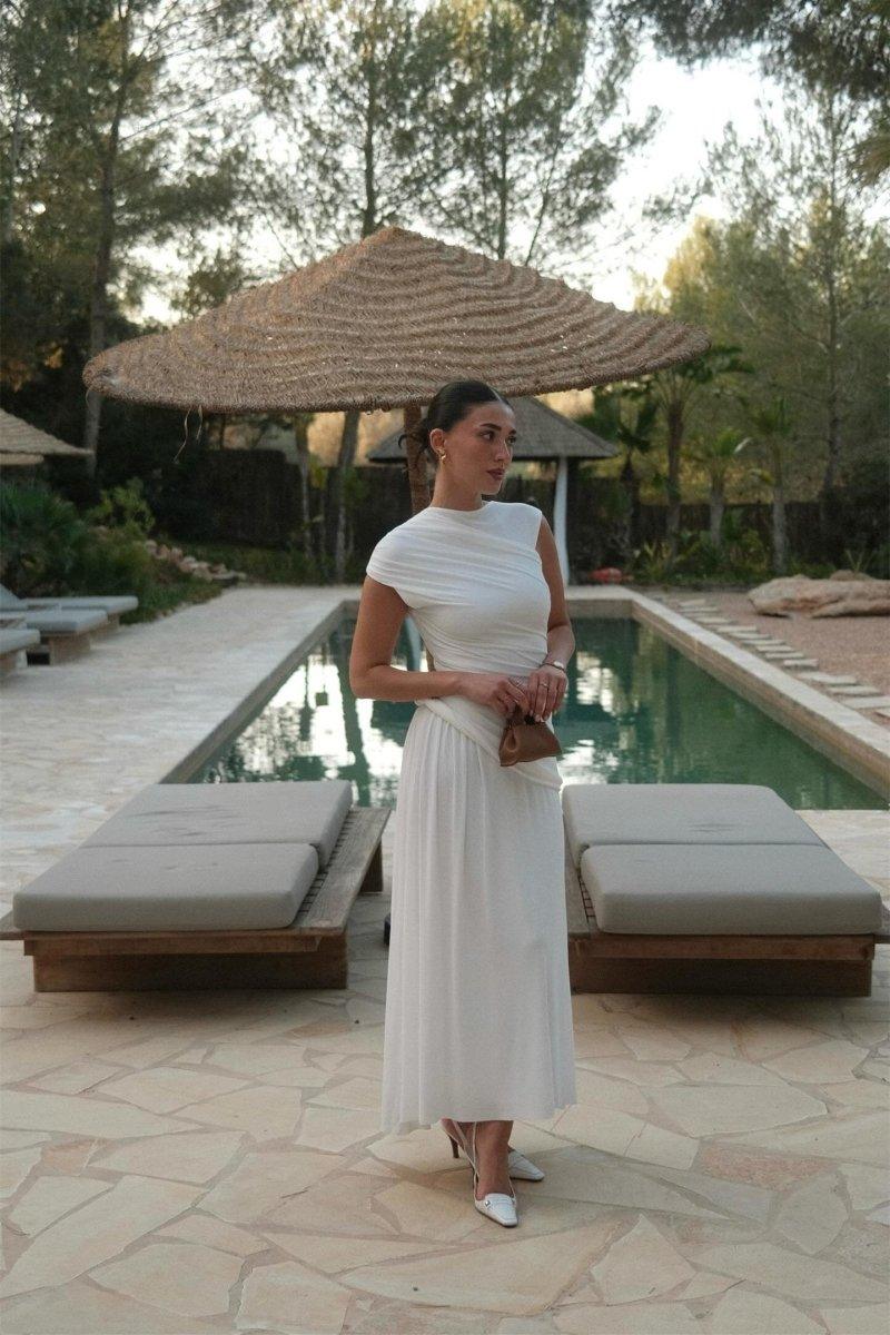 Sleeveless Pleated Maxi Dress | White | Formal Event | Polyester - ZyraLux Kleding en accessoires