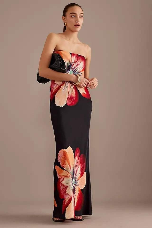 Blossom Elegance Strapless Dress | Black | Evening | Satin - ZyraLux Kleding en accessoires