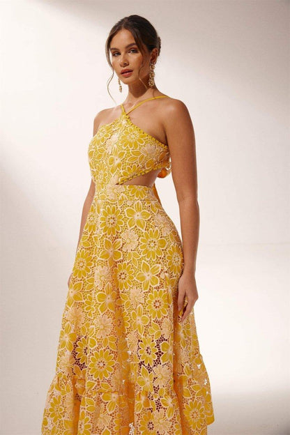 Sunshine Blossom Halterneck Midi-jurk | Geel | Tuinfeest | Kant