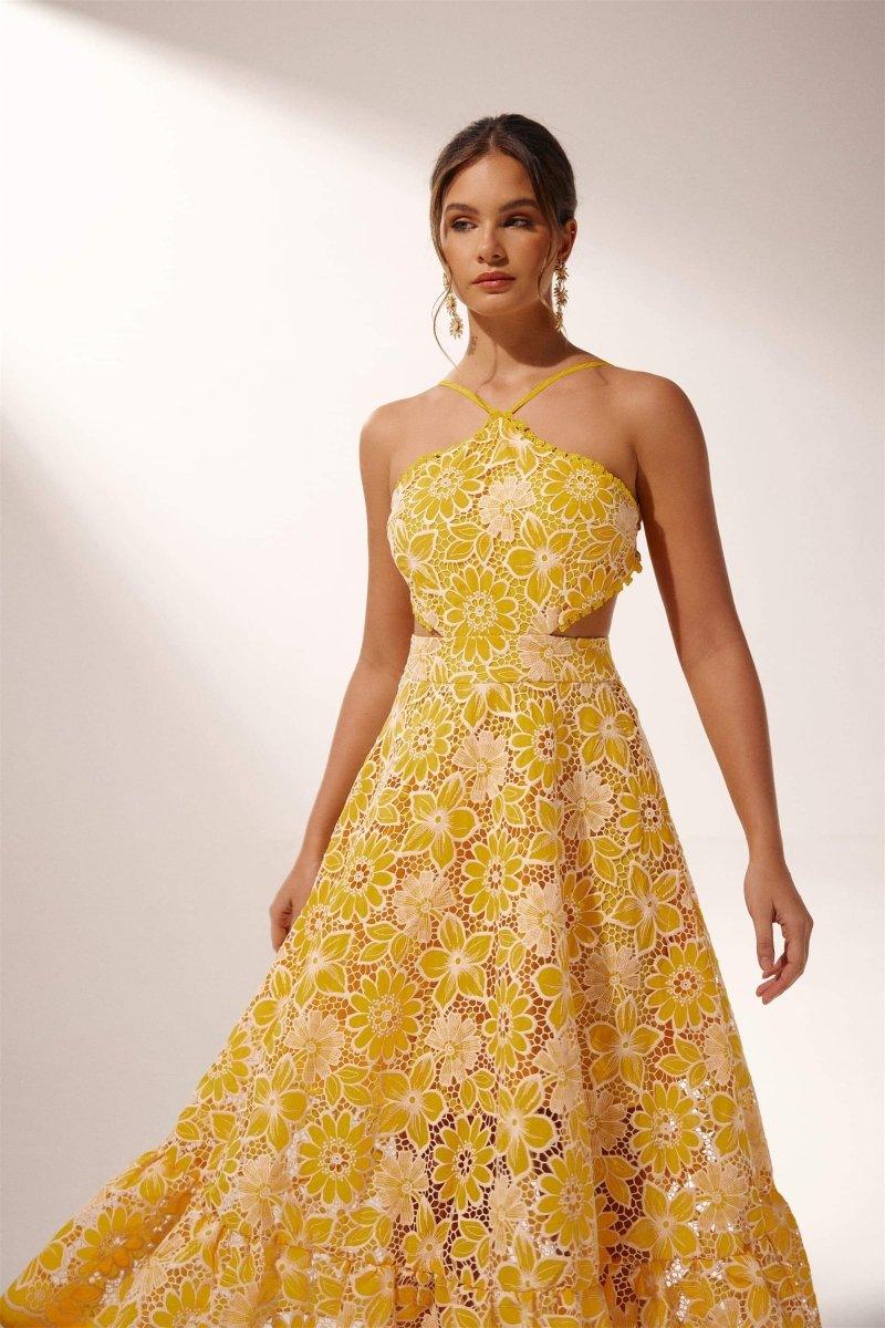 Sunshine Blossom Halterneck Midi-jurk | Geel | Tuinfeest | Kant