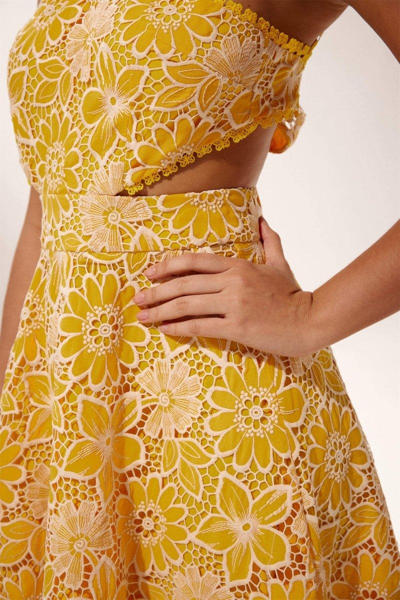 Sunshine Blossom Halterneck Midi-jurk | Geel | Tuinfeest | Kant