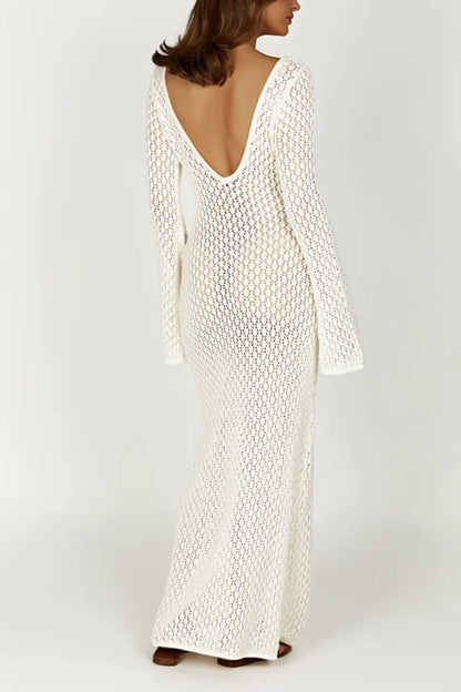 Josie V-Neck Cut-Out Knit Maxi Dress | White | Resort | Cotton - ZyraLux Kleding en accessoires