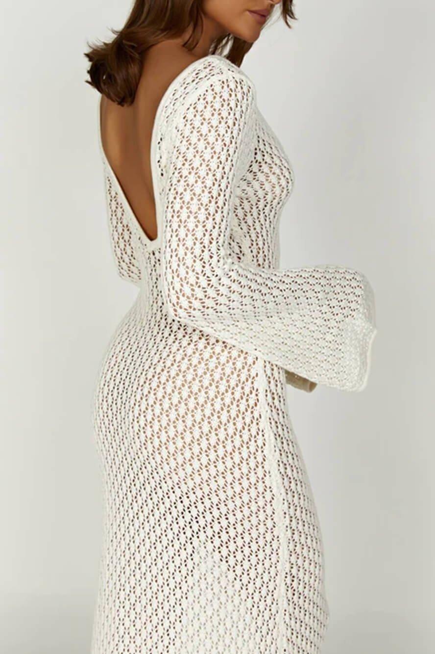 Josie V-Neck Cut-Out Knit Maxi Dress | White | Resort | Cotton - ZyraLux Kleding en accessoires