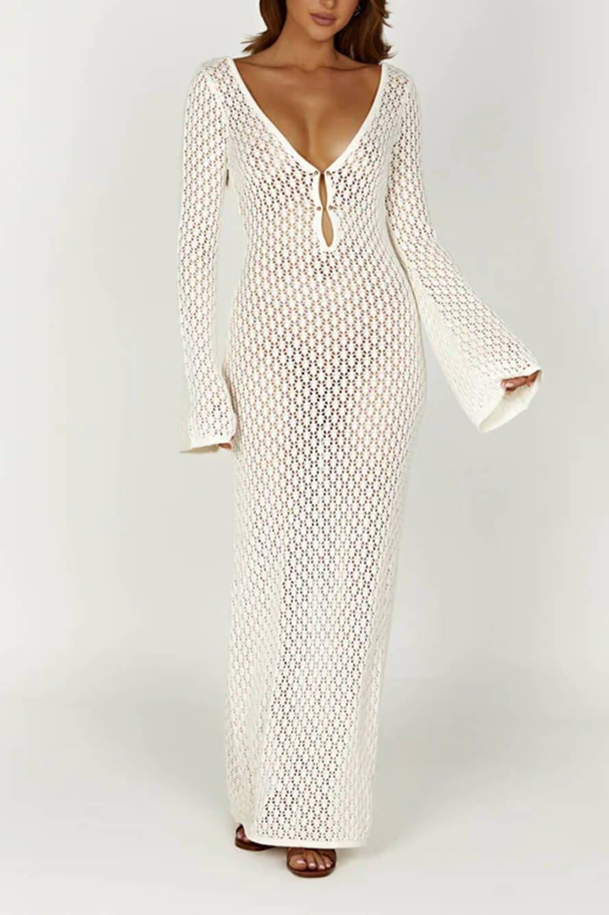 Josie V-Neck Cut-Out Knit Maxi Dress | White | Resort | Cotton - ZyraLux Kleding en accessoires