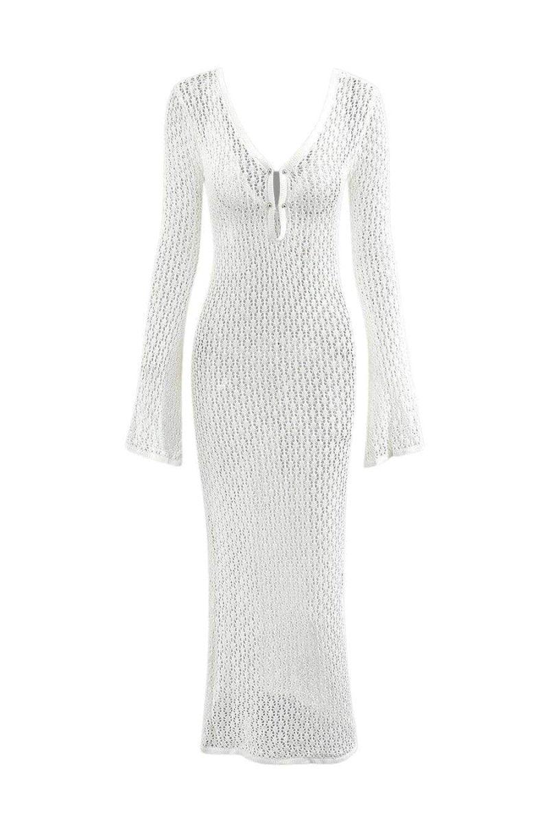 Josie V-Neck Cut-Out Knit Maxi Dress | White | Resort | Cotton - ZyraLux Kleding en accessoires