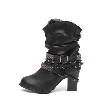 Dames Chunky Heel Rhinestone Riem Gesp Ronde Neus Laarzen 02680696C 