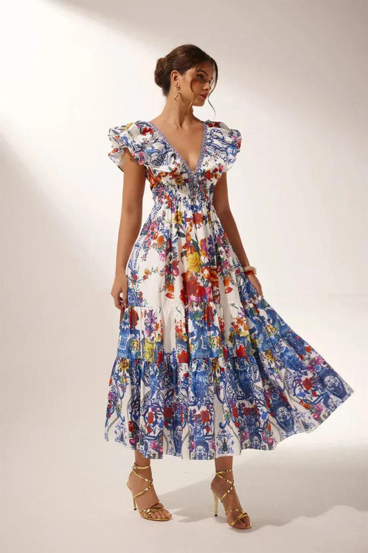 Floral Fantasy Ruffle Maxi Dress | Color Mix | Summer Soiree | Cotton - ZyraLux Kleding en accessoires