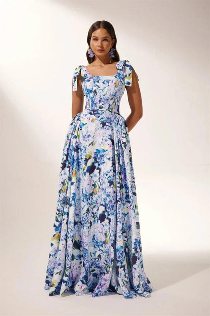 Hydrangea Elegance Strap Maxi Dress | Blue | Formal Gala | Satin - ZyraLux Kleding en accessoires