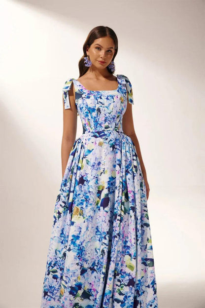 Hydrangea Elegance Strap Maxi Dress | Blue | Formal Gala | Satin - ZyraLux Kleding en accessoires