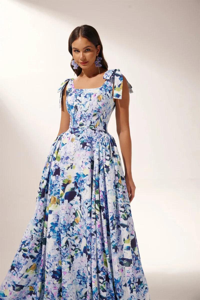 Hydrangea Elegance Strap Maxi Dress | Blue | Formal Gala | Satin - ZyraLux Kleding en accessoires