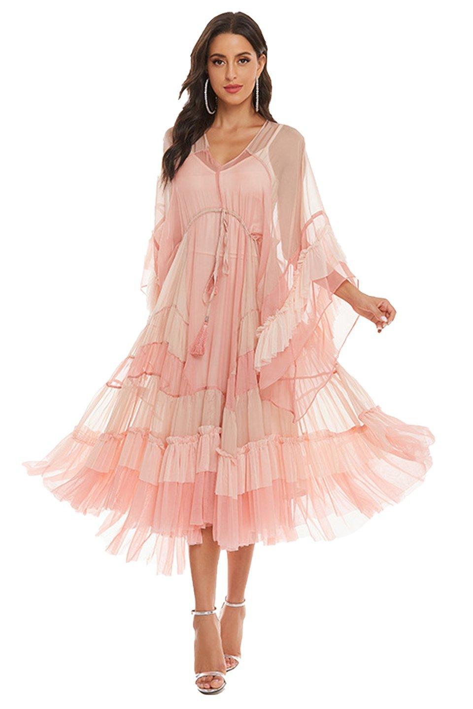 Ethereal Ruffle Maxi Dress | Pink | Resort Glamour | Mesh Fabric - ZyraLux Kleding en accessoires