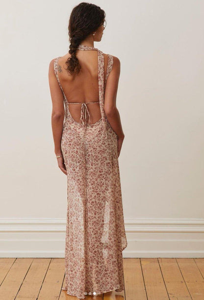 Printed Backless Slit Sheer Maxi Dress | Brown | Evening Soirée | Chiffon - ZyraLux Kleding en accessoires