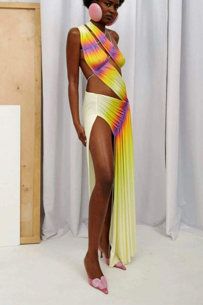 Kendra Tie-Dye Wrap Around Maxi Dress | Yellow | Beach | Polyester - ZyraLux Kleding en accessoires