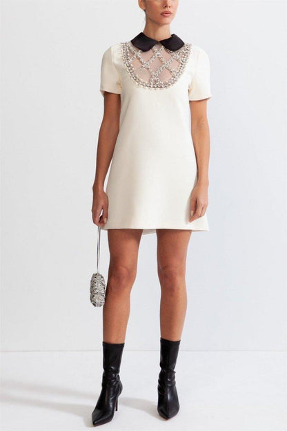 Bead Embroidery Peter Pan Collar Mini Dress | White | Formal | Satin - ZyraLux Kleding en accessoires