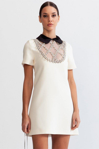 Bead Embroidery Peter Pan Collar Mini Dress | White | Formal | Satin - ZyraLux Kleding en accessoires