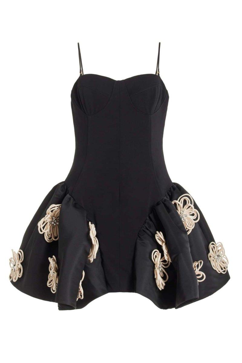 Leona Floral Applique Corset Dress | Black | Evening | Satin - ZyraLux Kleding en accessoires