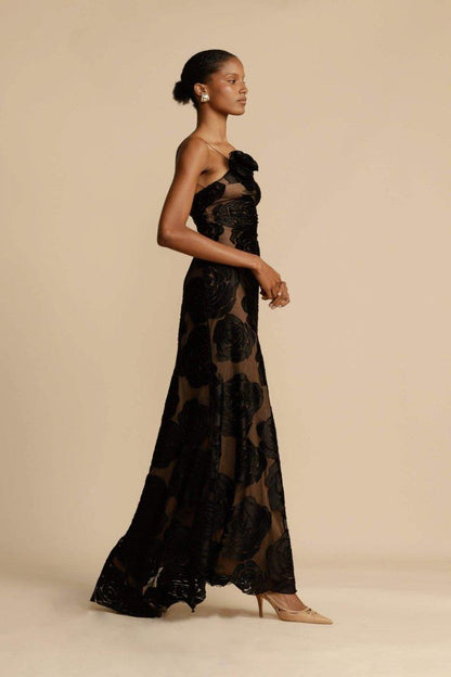 Lindsay Floral Printed One Shoulder Maxi Dress | Black | Formal | Mesh - ZyraLux Kleding en accessoires