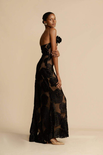 Lindsay Floral Printed One Shoulder Maxi Dress | Black | Formal | Mesh - ZyraLux Kleding en accessoires