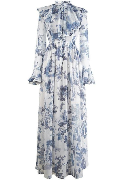 Lucile Ruffle Flare Chiffon Maxi Dress | Blue | Evening | Chiffon - ZyraLux Kleding en accessoires