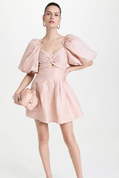 Lydia Puff Sleeve Knot Mini Dress | Pink | Casual | Linen - ZyraLux Kleding en accessoires