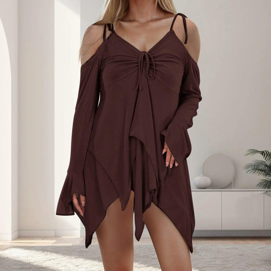 Cold Shoulder Ruffle Mini Dress | Brown | Polyester Blend | Trendy and Comfortable - ZyraLux Kleding en accessoires