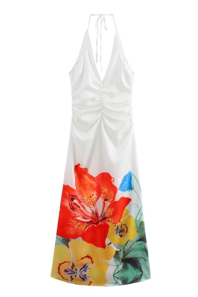 Martina Flower Print Halterneck Maxi Dress | White | Beach | Polyester - ZyraLux Kleding en accessoires