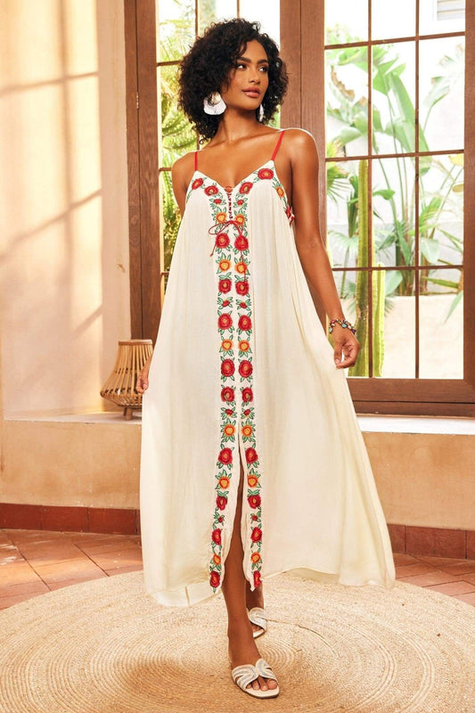 Floral Embroidered Maxi Slip Dress | White | Boho Style | Summer Fashion - ZyraLux Kleding en accessoires