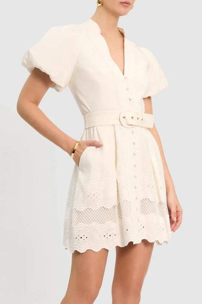 Miranda Embroidered V-Neck Mini Dress | White | Summer | Cotton - ZyraLux Kleding en accessoires