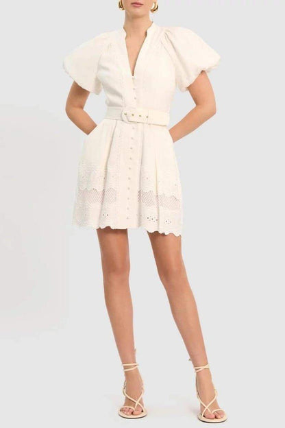 Miranda Embroidered V-Neck Mini Dress | White | Summer | Cotton - ZyraLux Kleding en accessoires