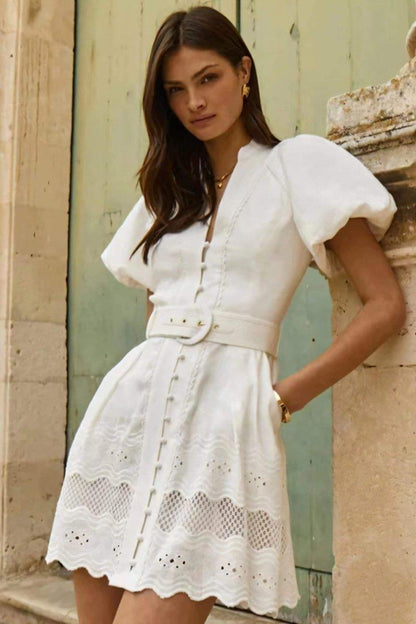 Miranda Embroidered V-Neck Mini Dress | White | Summer | Cotton - ZyraLux Kleding en accessoires