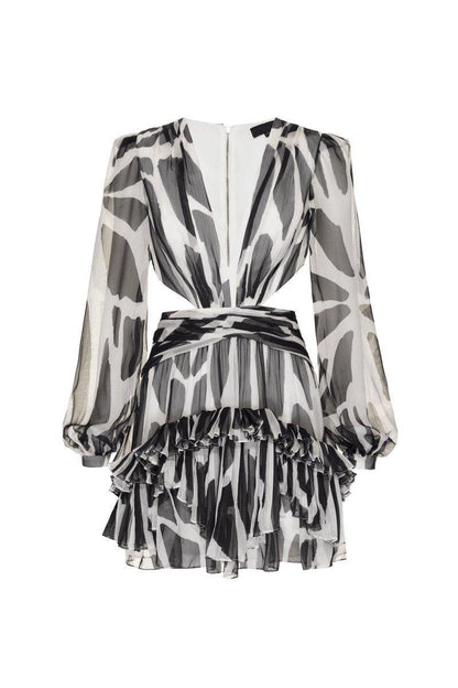 Miriam Printed Cut-Out Ruffle Dress | Black White | Evening | Chiffon - ZyraLux Kleding en accessoires